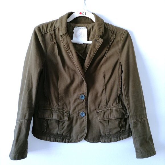 Hei Hei Womens Army Green Single Breasted Houndstooth Delaine Blazer Size 2P - Picture 1 of 7